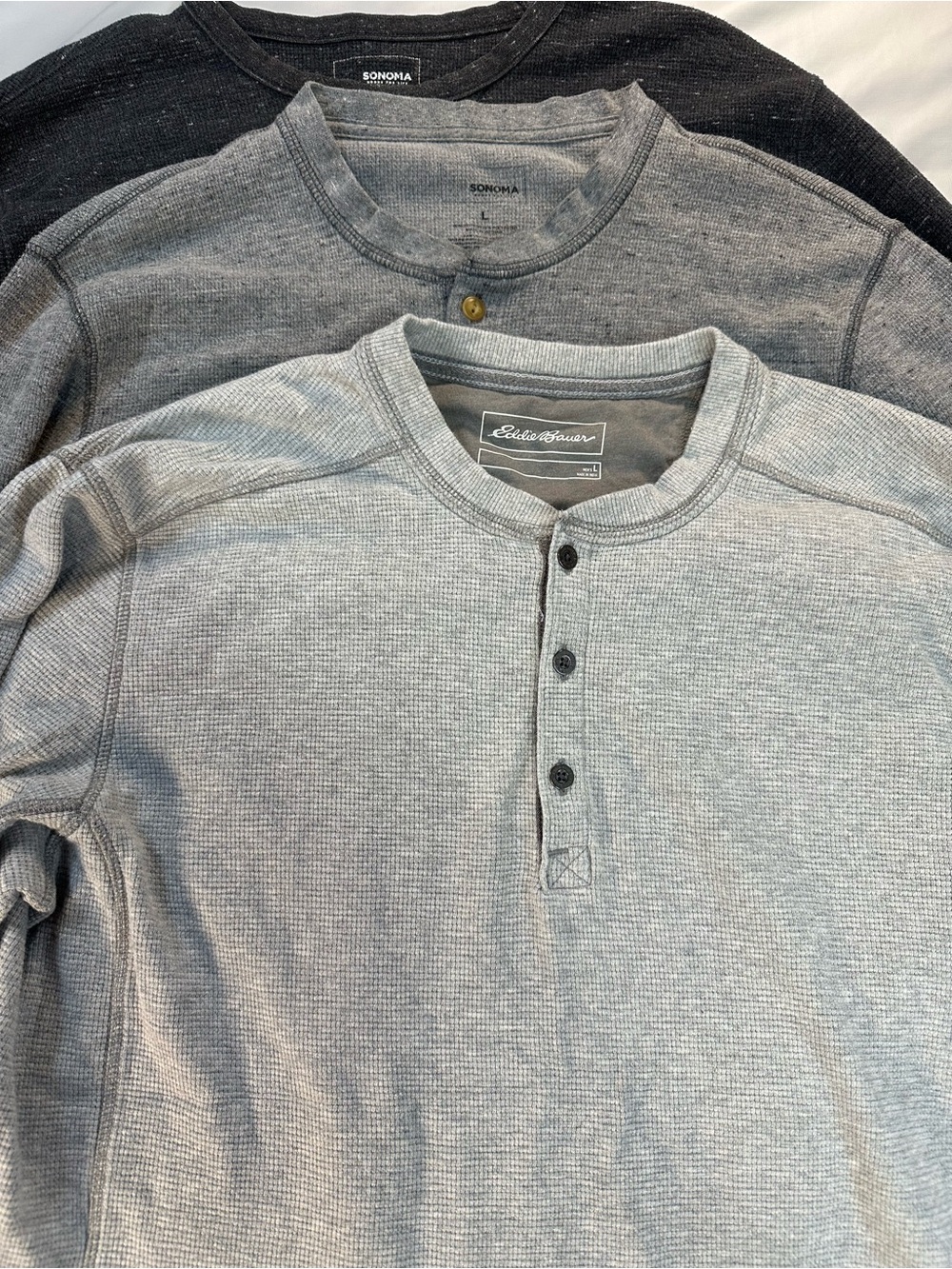 Eddie Bauer/Sonoma Men's Three-Button Henley Long Sleeve in Light Gray/Charcoal
